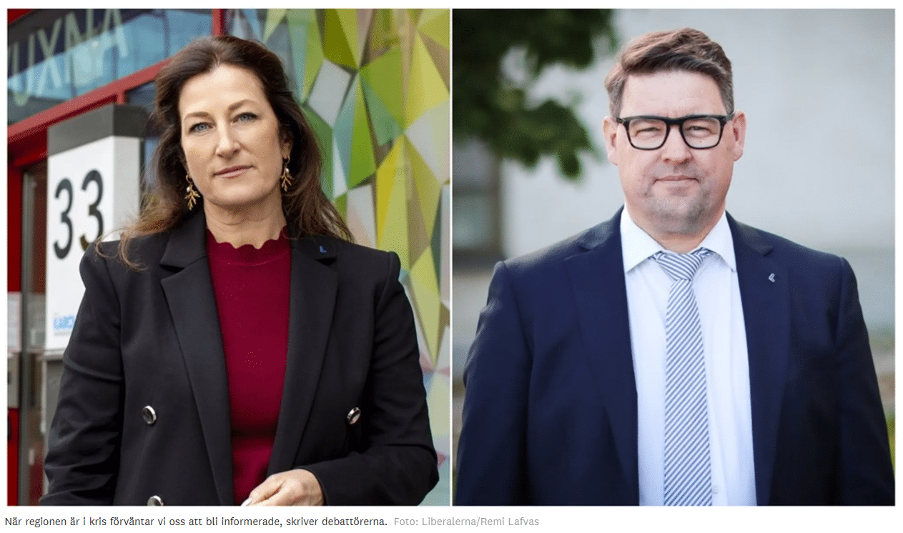 Amelie Tarschys Ingre och Mathias Lindow (L) kritiserar brist på transparens i Region Stockholms hantering av Karolinskas budgetkris.